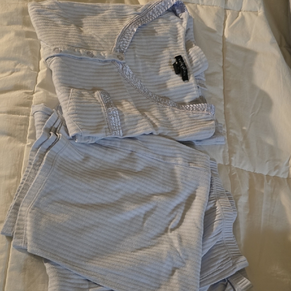 Blue Ribbed Pajama Set with Cropped Top and Pants
